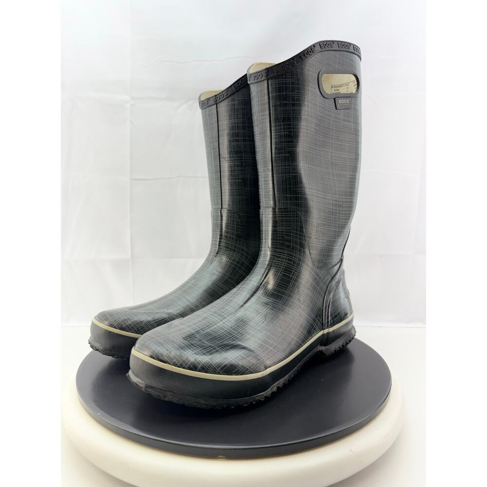 BOGS Black Gray Linen Womens Size 10 Rubber Waterproof Rain‎ Boots